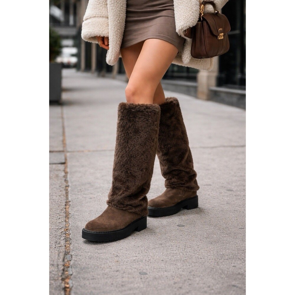 Zara Flat Faux Fur Boots Brown Taupe Gray NWT EUR 39 US 8 Knee High 1029/610/131